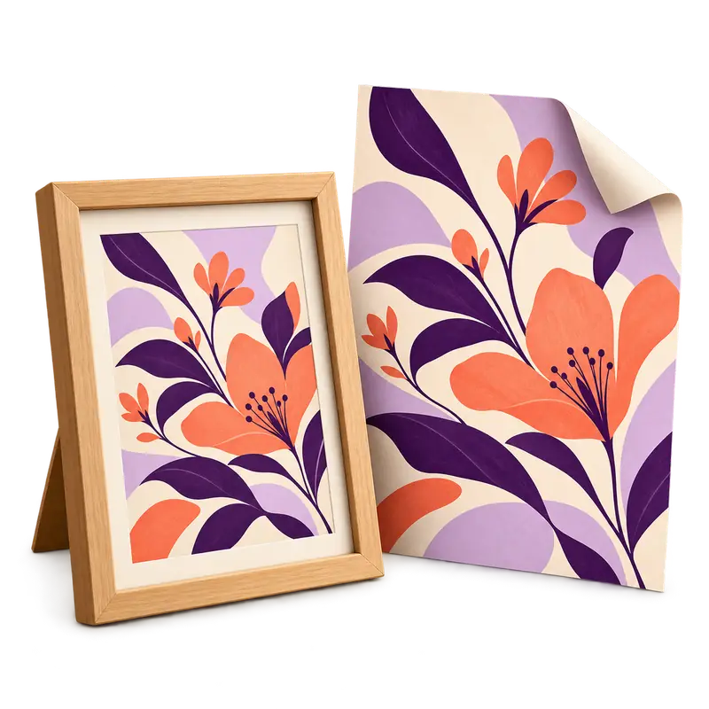 Quadro emoldurado e pôster com artes florais coordenadas.