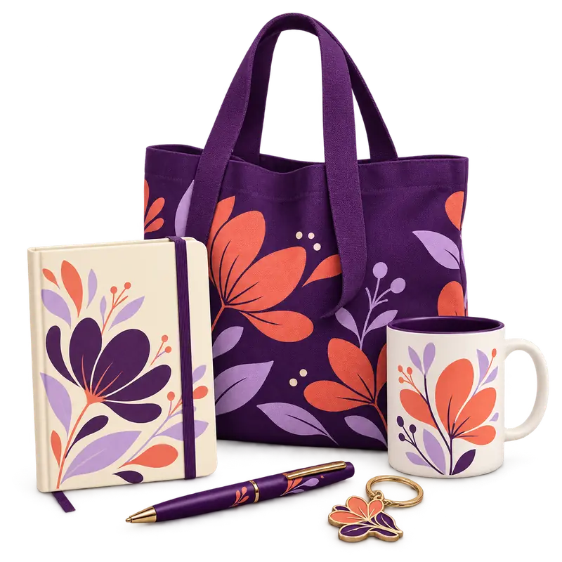 Composição de brindes personalizados com ecobag, caneca, caderno, caneta e chaveiro.