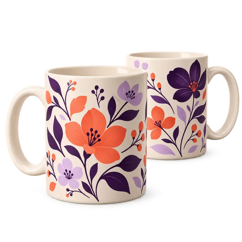 Duas canecas com estampas florais personalizadas.