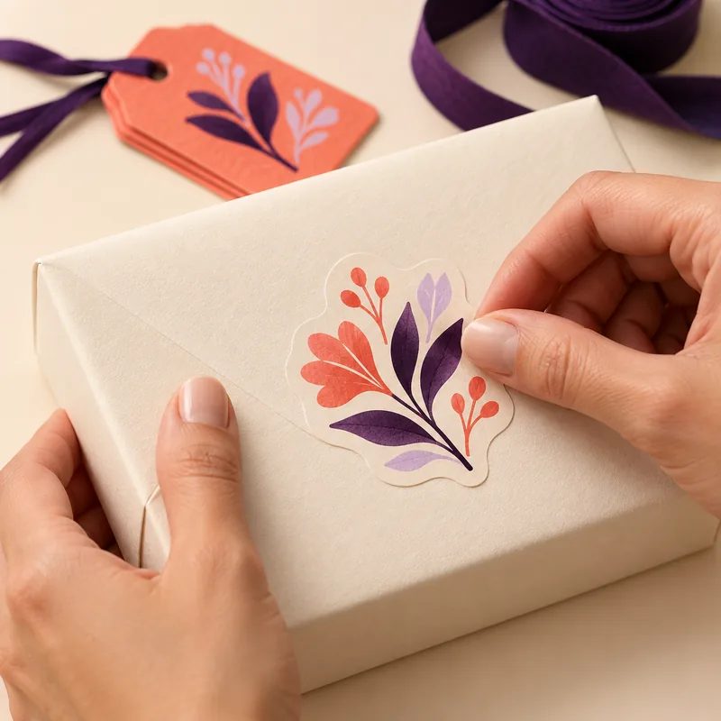 Imagem ilustrativa de mãos aplicando uma etiqueta personalizada em uma embalagem, mostrando o cuidado com o acabamento.