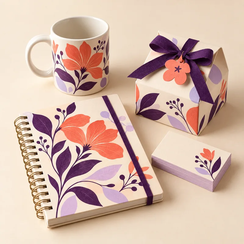 Composição ilustrativa de caneca, planner, cartões e embalagem personalizados com estampas florais.