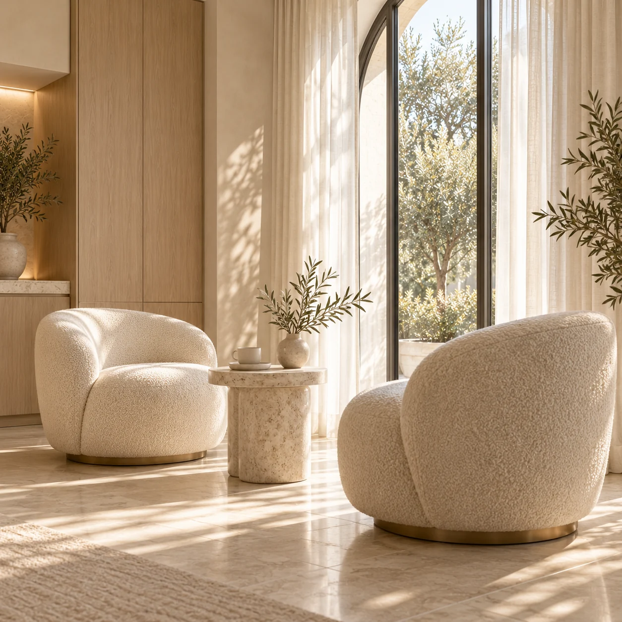 Poltronas e luz natural no espaço de acolhimento