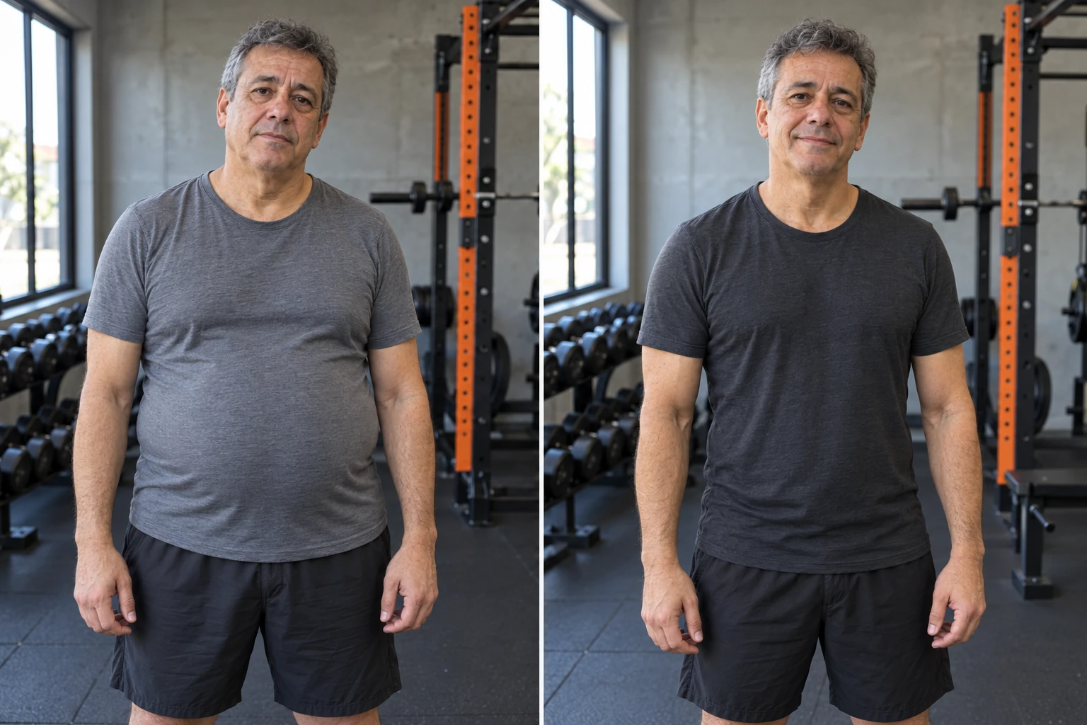 Comparação fictícia de Antônio na mesma academia: início com maior volume abdominal e após dez meses com menos peso