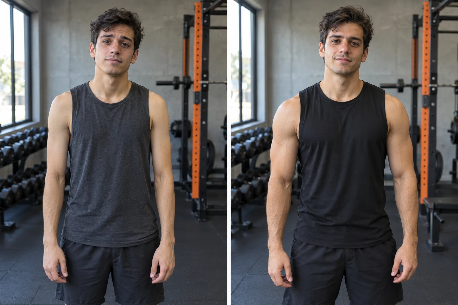 Comparação fictícia de Lucas na mesma academia: início com físico magro e após um ano com mais massa muscular