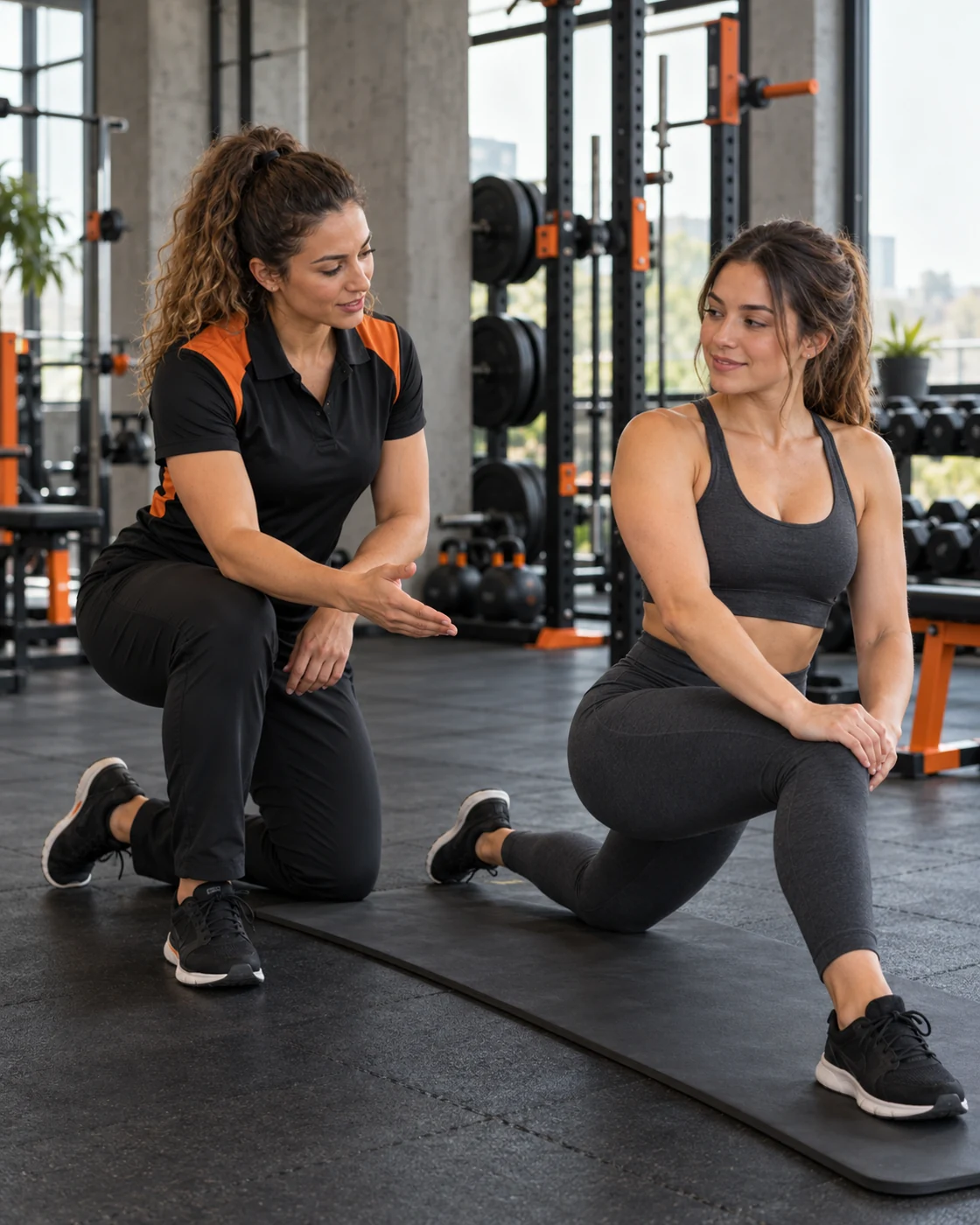 Lívia, de uniforme preto e laranja, orientando uma aluna em mobilidade