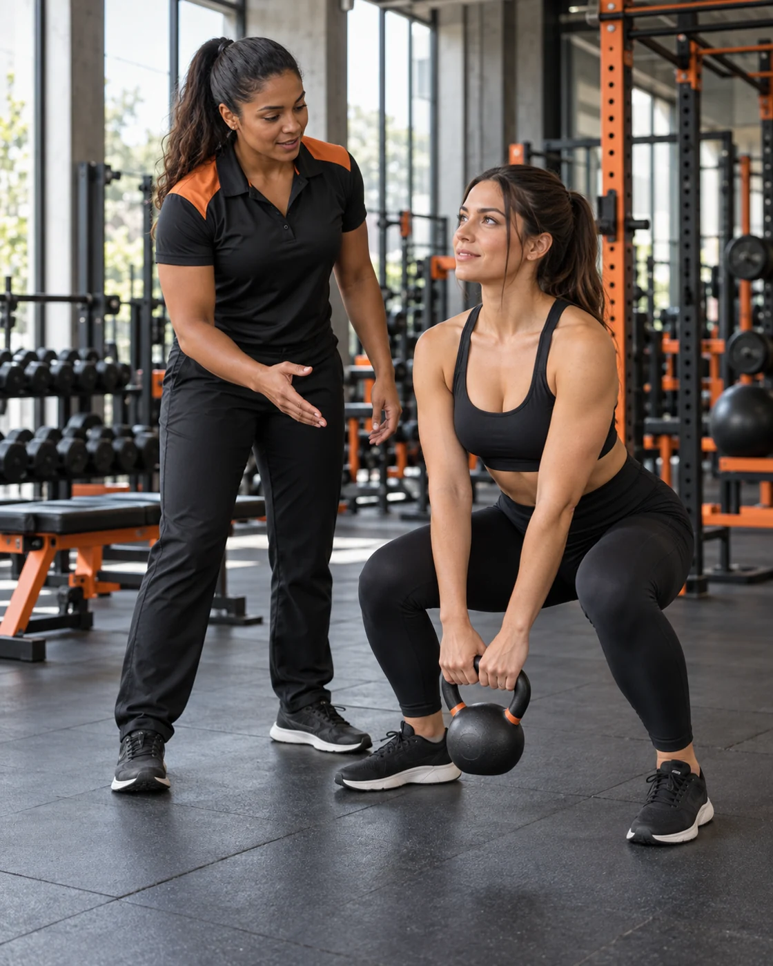 Rafaela, de uniforme preto e laranja, orientando uma aluna em um agachamento