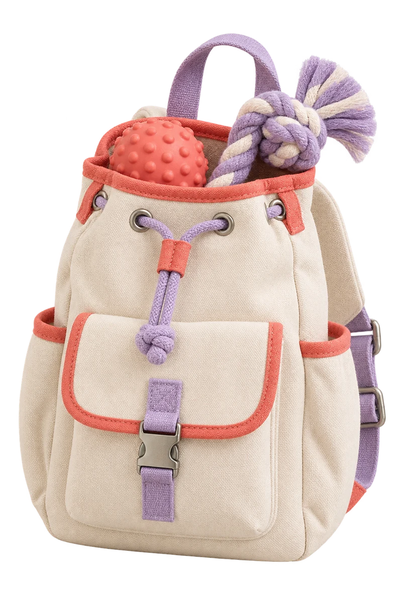 Mochila de passeio creme com detalhes salmão e lilás, uma bolinha e um brinquedo de corda