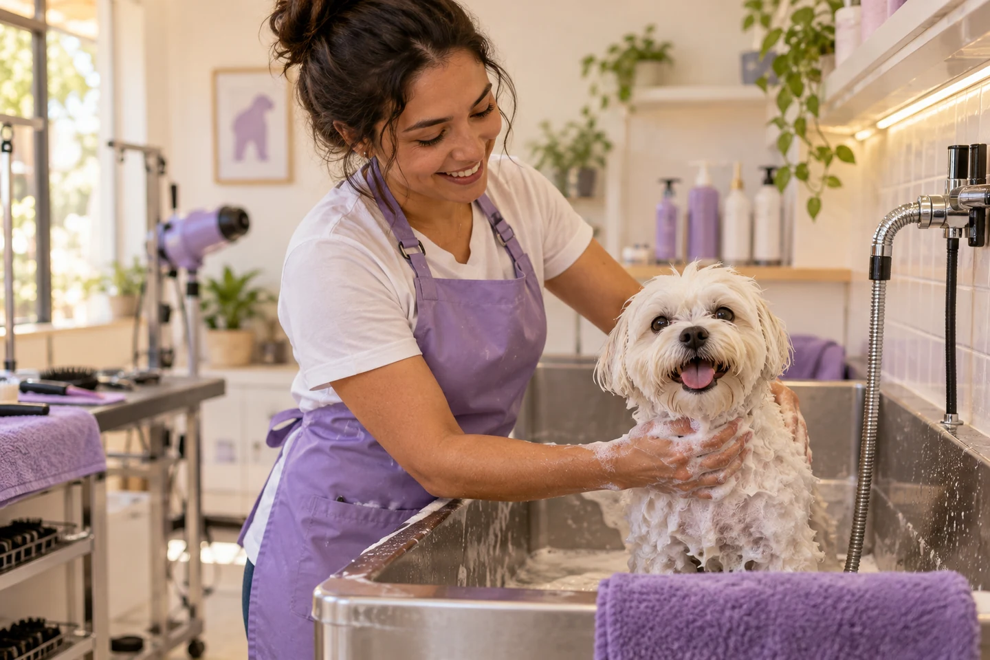 Profissional cuidando com carinho de um cão durante o banho