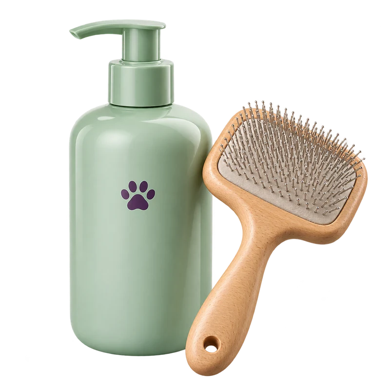 Shampoo pet verde e escova de madeira
